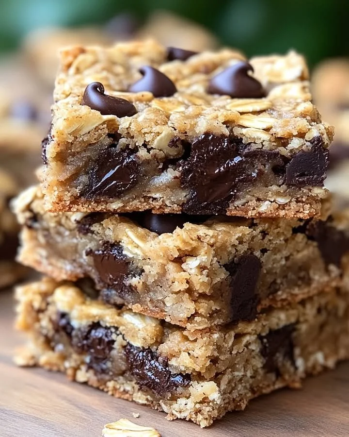 5-Ingredient oatmeal chocolate chip bars on a wooden plate
