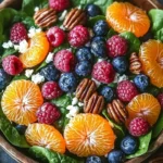 Fresh salad with spinach, blueberries, raspberries, mandarin oranges, pecans, feta cheese, and honey-balsamic dressing.