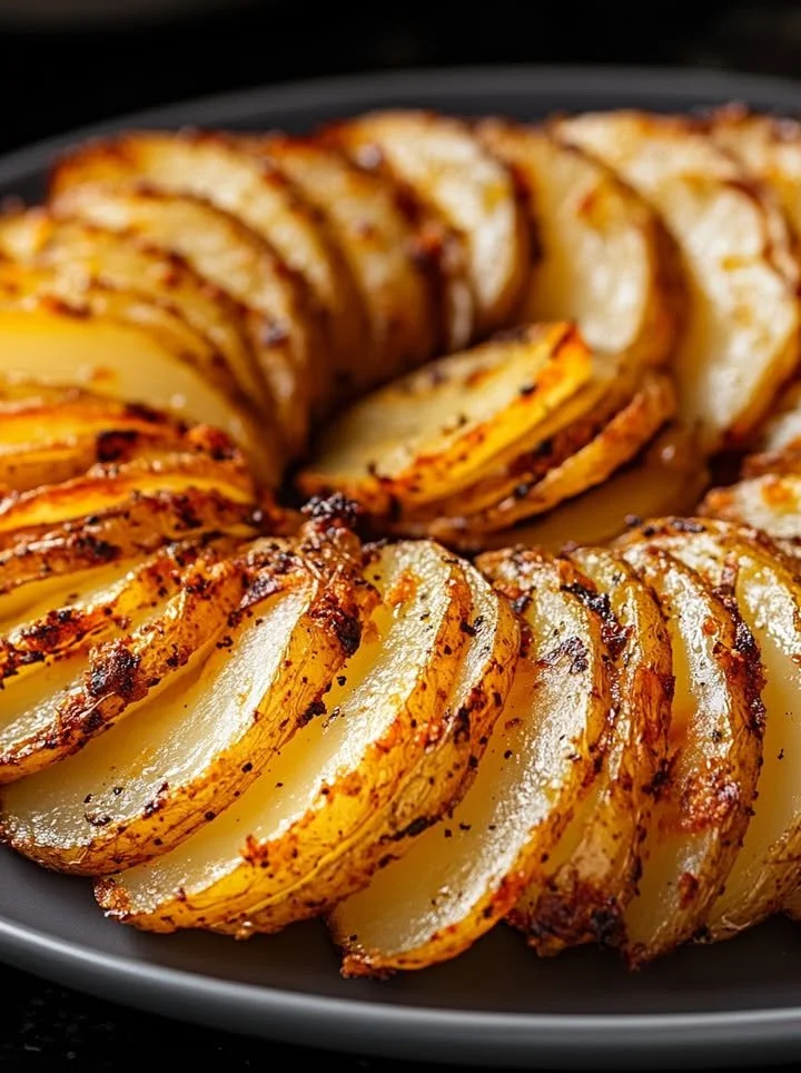 Crispy air fryer sliced potatoes served on a plate