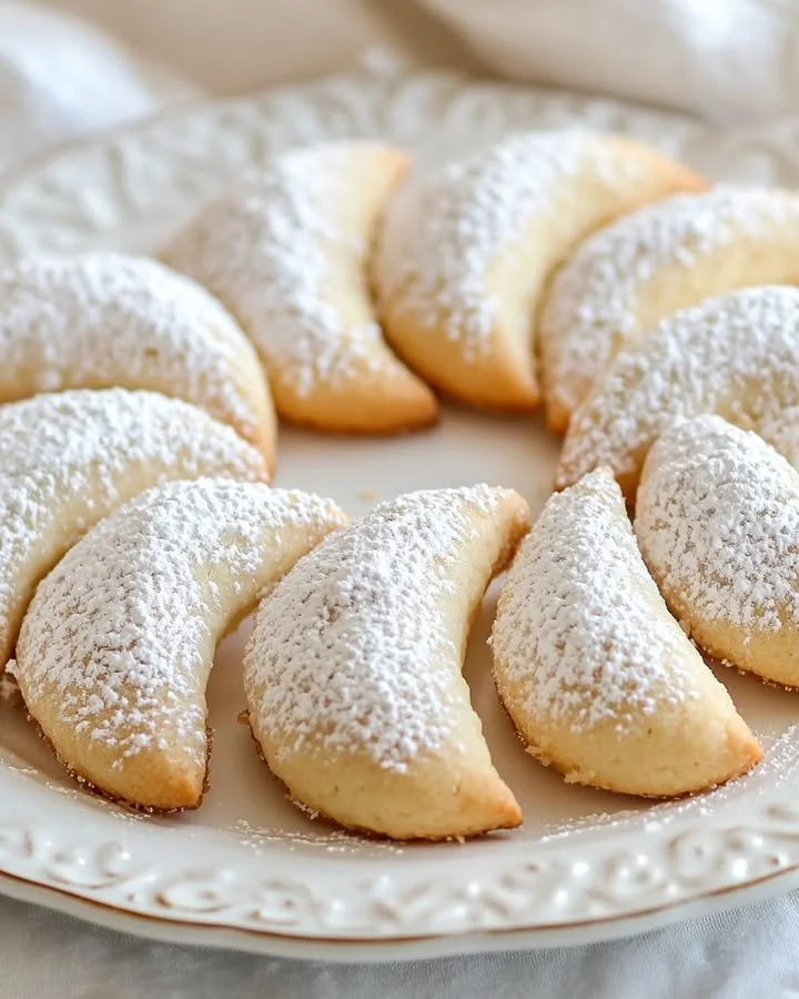 Plate of delicious Almond Crescent Cookies, lightly dusted with powdered sugar