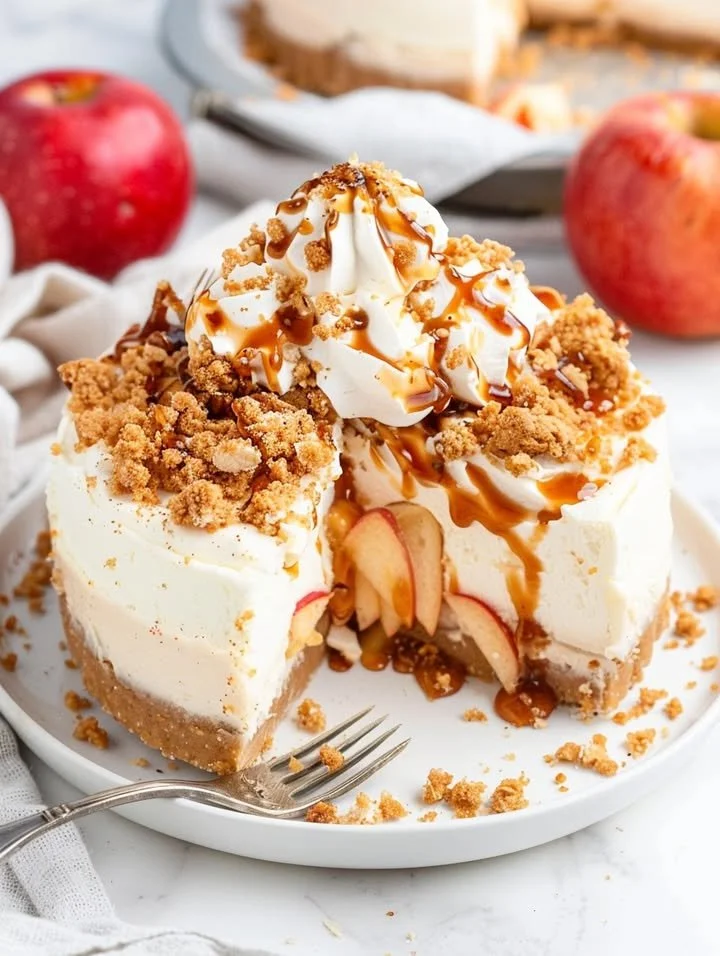 Apple crumble cheesecake with a golden crumble topping and creamy filling.