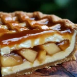 Delicious apple pie stuffed cheesecake with caramel drizzle and apple slices