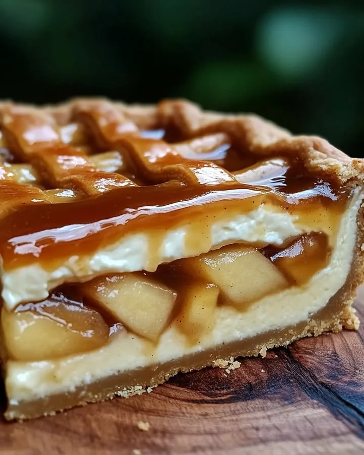 Delicious apple pie stuffed cheesecake with caramel drizzle and apple slices