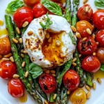 Asparagus Tomato Salad topped with creamy Burrata cheese on a plate