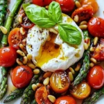 Asparagus Tomato Salad topped with Burrata Cheese served on a plate