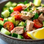 Healthy avocado and tuna salad recipe with fresh ingredients.