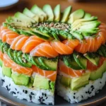Delicious Avocado Sushi Cake beautifully presented on a plate.