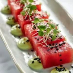 Plate of Watermelon 'Tuna' with creamy Avocado-Wasabi sauce