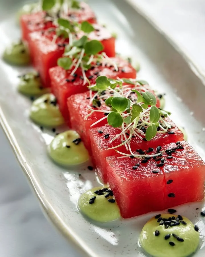 Plate of Watermelon 'Tuna' with creamy Avocado-Wasabi sauce