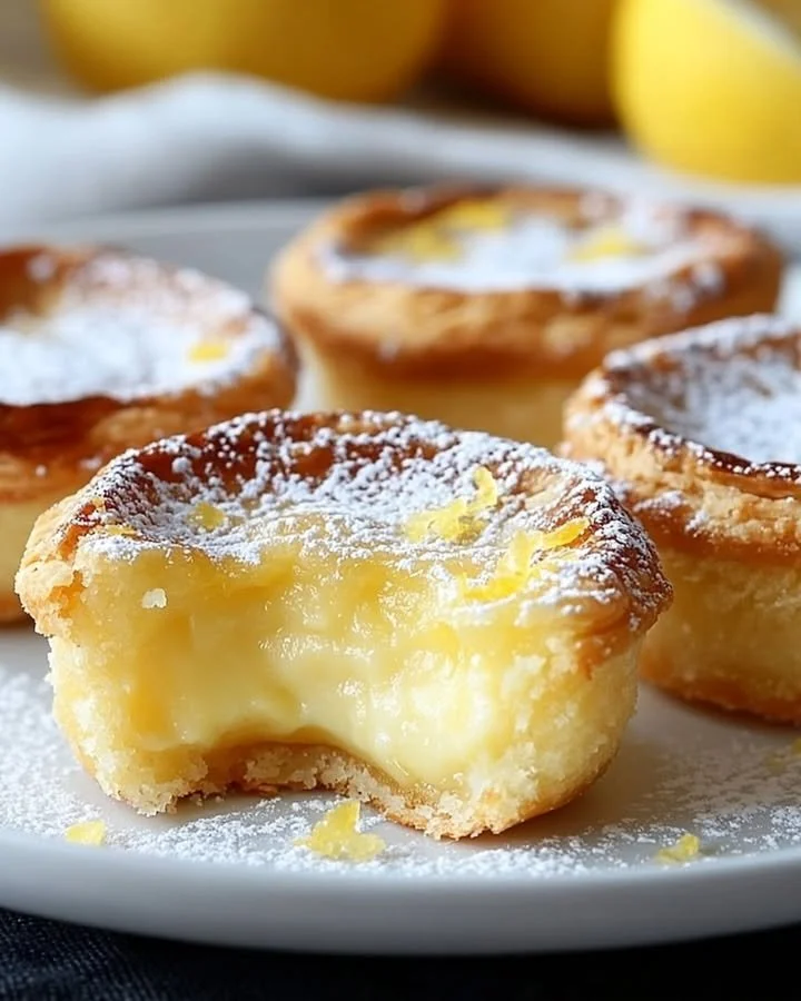 Delicious Baby Lemon Impossible Pies ready to be served with a slice missing