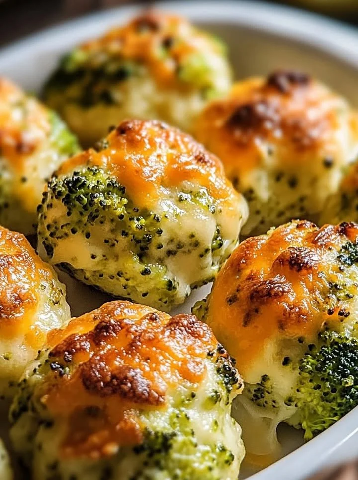 Baked broccoli cheese balls served on a plate with dipping sauce.