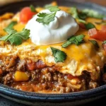 Delicious baked burrito casserole topped with cheese and fresh toppings