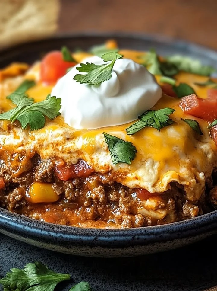 Delicious baked burrito casserole topped with cheese and fresh toppings