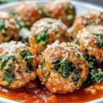 Baked chicken ricotta meatballs served in a rich tomato sauce