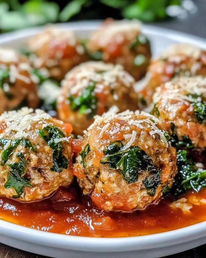 Baked chicken ricotta meatballs served in a rich tomato sauce