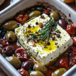 Baked feta topped with olives and sun-dried tomatoes served in a dish.