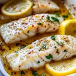 Baked lemon garlic cod with butter sauce served on a plate.