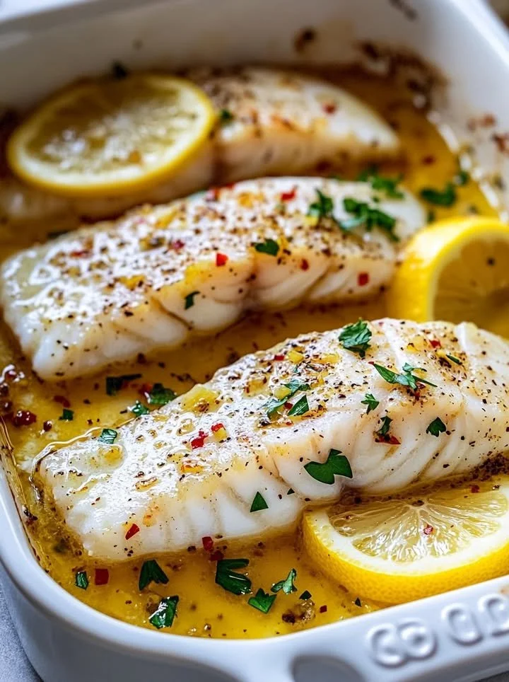 Baked lemon garlic cod with butter sauce served on a plate.