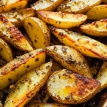 Baked mustard lemon potatoes with garlic and oregano on a plate