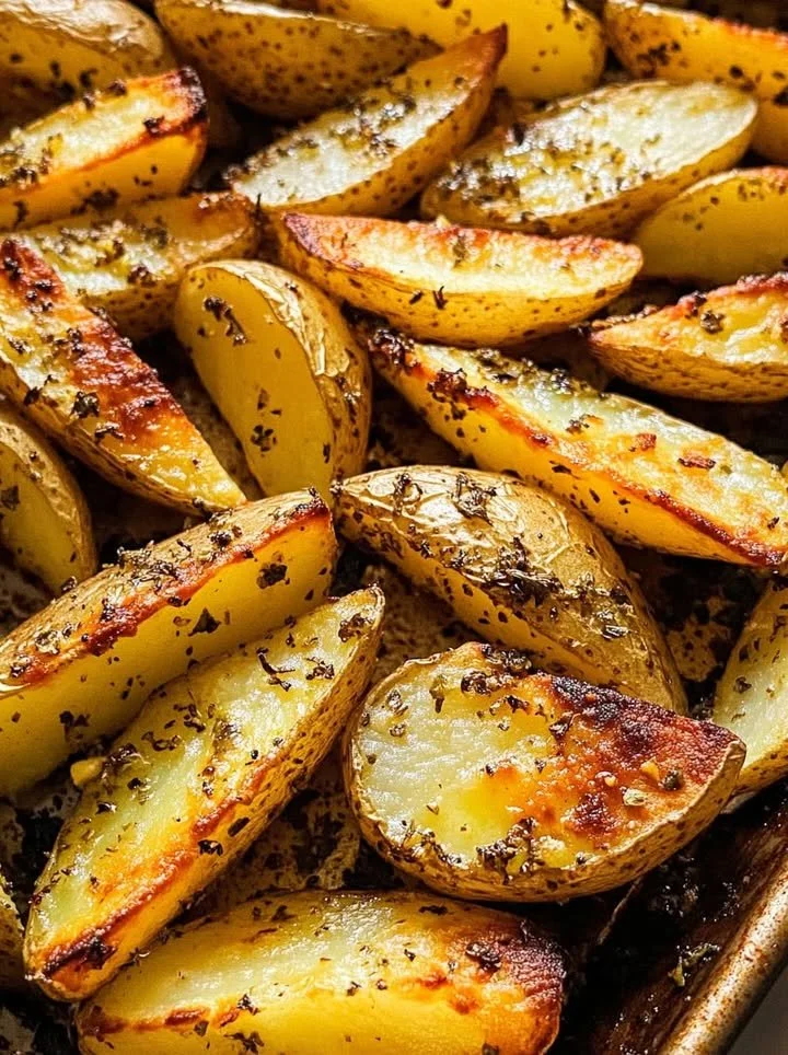 Baked mustard lemon potatoes with garlic and oregano on a plate