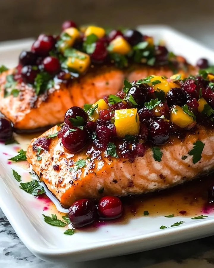 Baked salmon topped with cranberry salsa and pecans on a plate