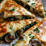 Baked spinach mushroom quesadillas on a plate, ready to serve.