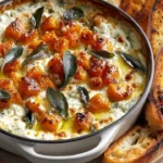 Baked whipped feta dip with goat cheese and sweet potato-sage toppings.