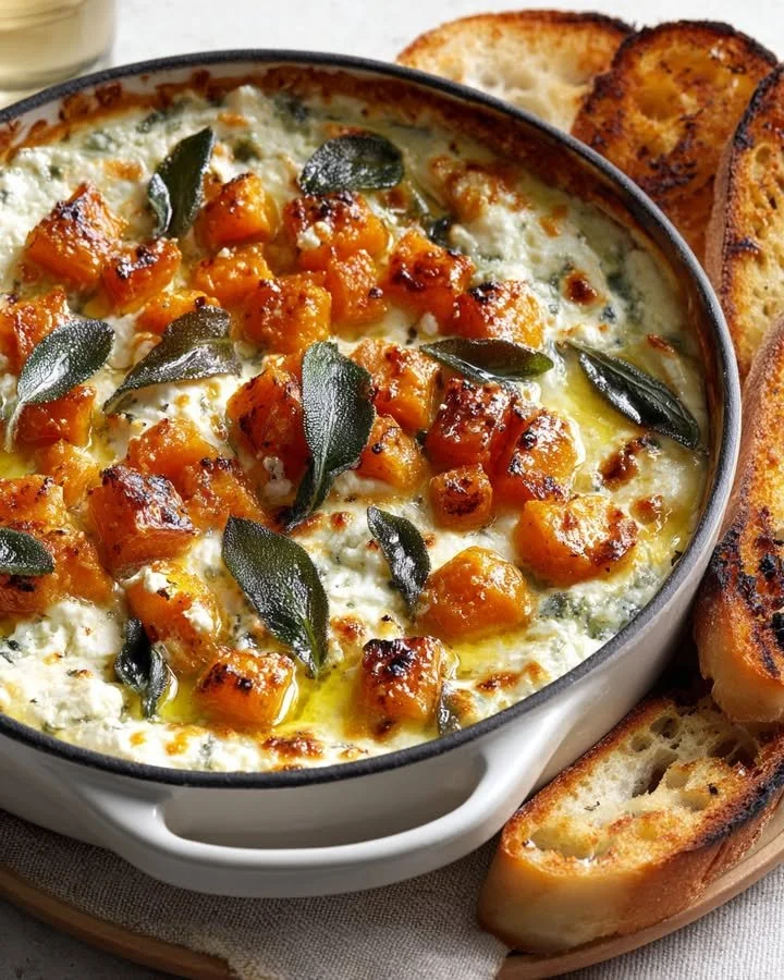 Baked whipped feta dip with goat cheese and sweet potato-sage toppings.