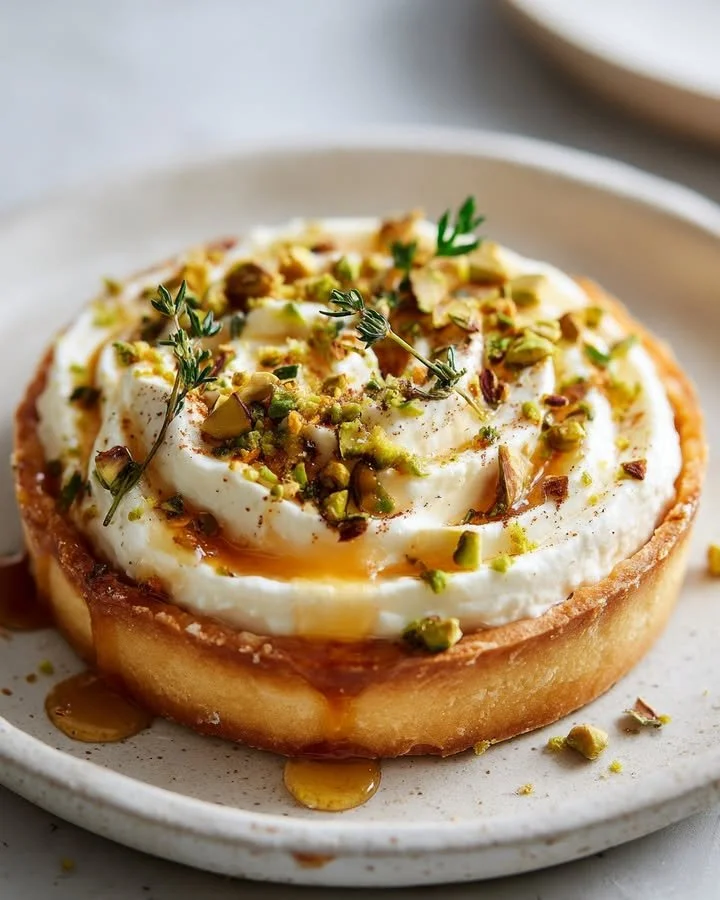 Baked feta tart with pistachio crunch and chili honey drizzle served on a plate