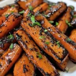 Balsamic glazed roasted carrots on a serving plate garnished with herbs.