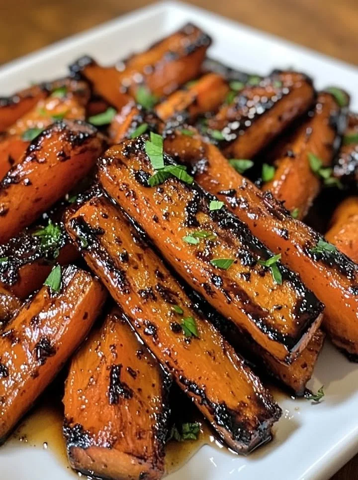 Balsamic glazed roasted carrots on a serving plate garnished with herbs.