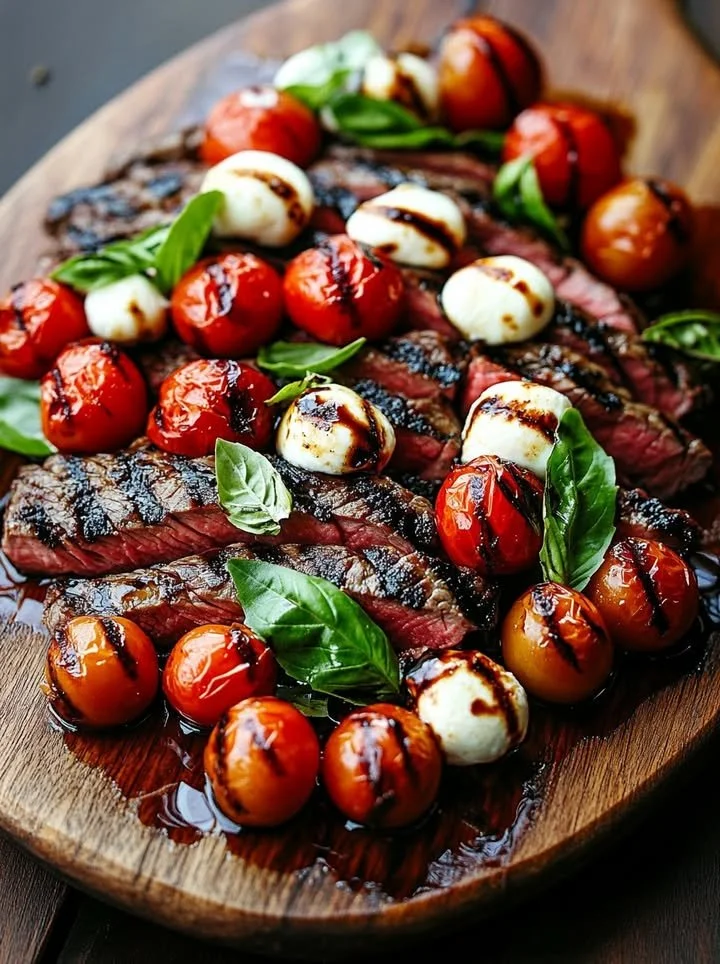 Balsamic Grilled Flank Steak Caprese with fresh tomatoes and basil