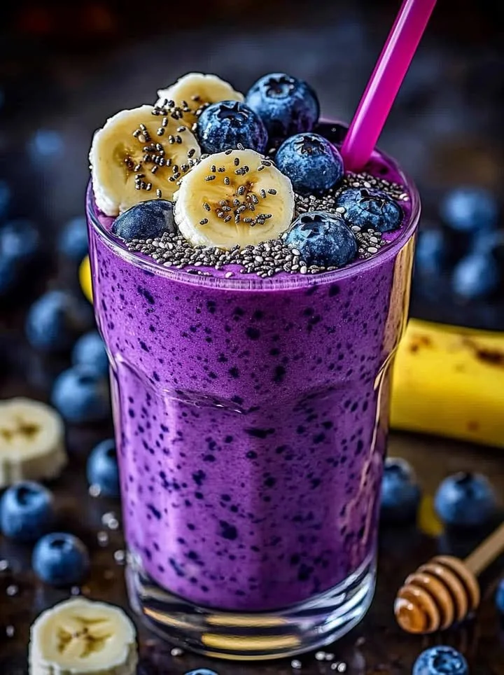 Healthy banana-blueberry smoothie in a glass with fresh fruits