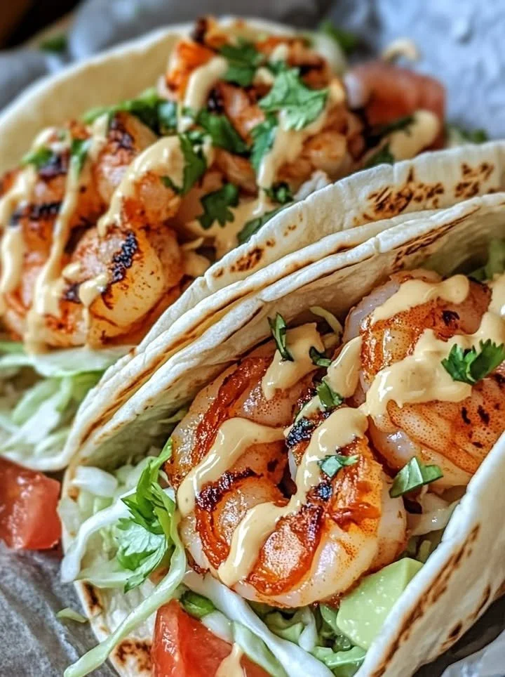 Delicious Bang Bang Shrimp Tacos topped with fresh ingredients and a spicy sauce