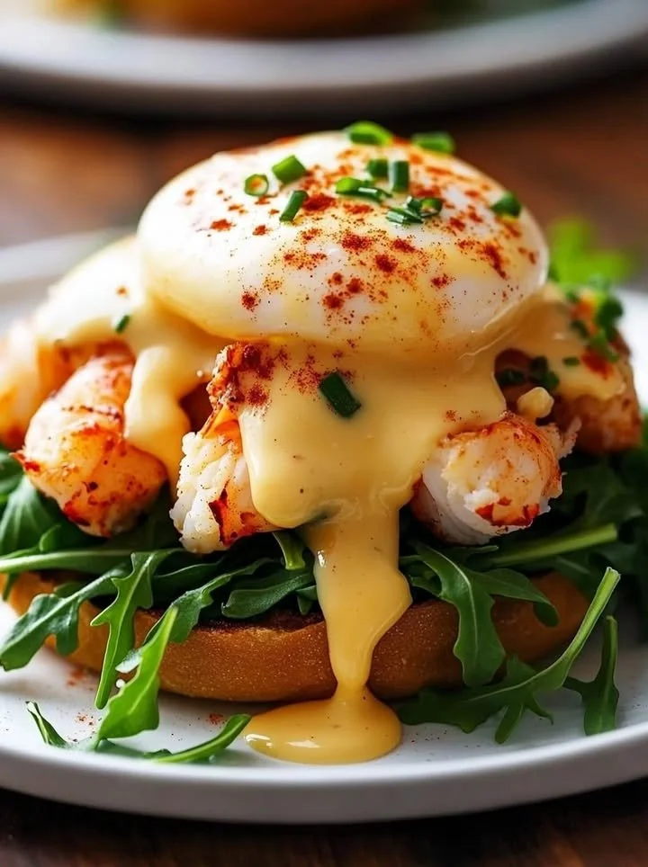 Delicious Bay Lobster Eggs Benedict garnished with Cajun Hollandaise sauce.