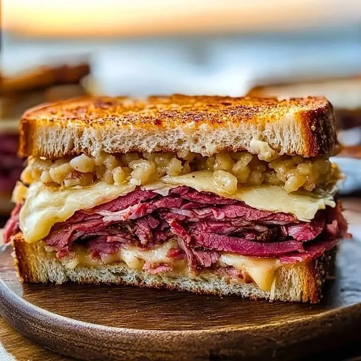 Delicious Beef Reuben sandwich with beef, sauerkraut, and Swiss cheese.