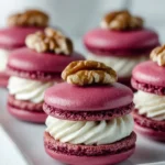 Beetroot macarons topped with savory whipped cheese on a rustic wooden table