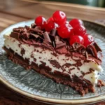 Delicious Black Forest Cheesecake topped with cherries and whipped cream