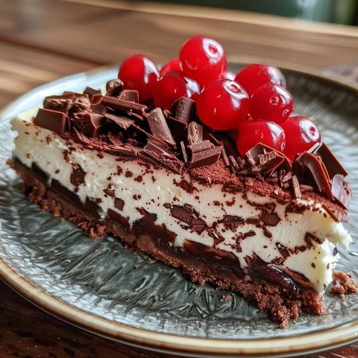 Delicious Black Forest Cheesecake topped with cherries and whipped cream