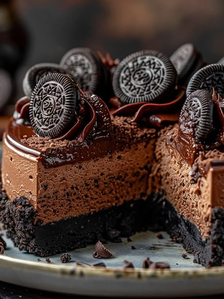 Delicious Black Velvet Dark Chocolate Oreo Cheesecake slice on a plate
