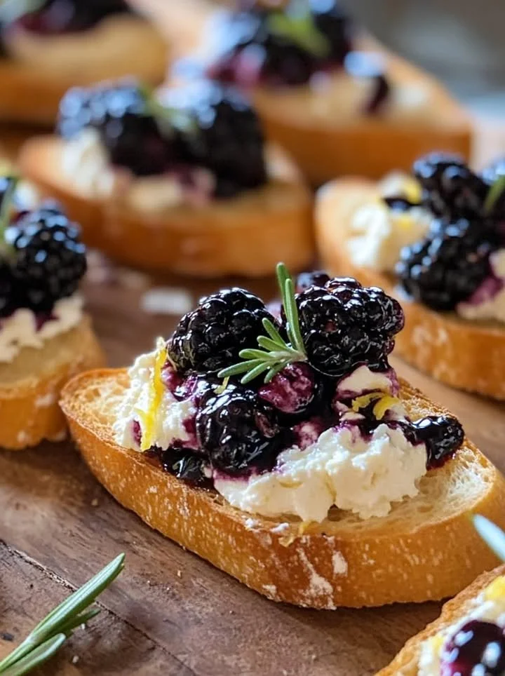 Blackberry goat cheese crostini topped with fresh blackberries and herbs.