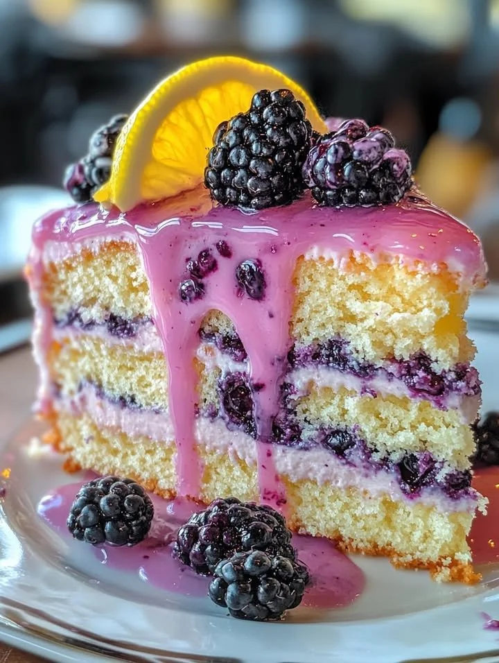 A delicious Blackberry Lemon Drip Cake decorated with fresh blackberries and lemon glaze.