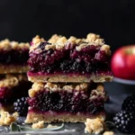 Blackberry, sage, and apple oat crumble bars on a wooden table.