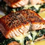 Blackened salmon fillet stuffed with spinach and parmesan cheese on a plate