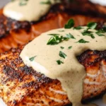 Plate of blackened salmon drizzled with creamy Dijon sauce