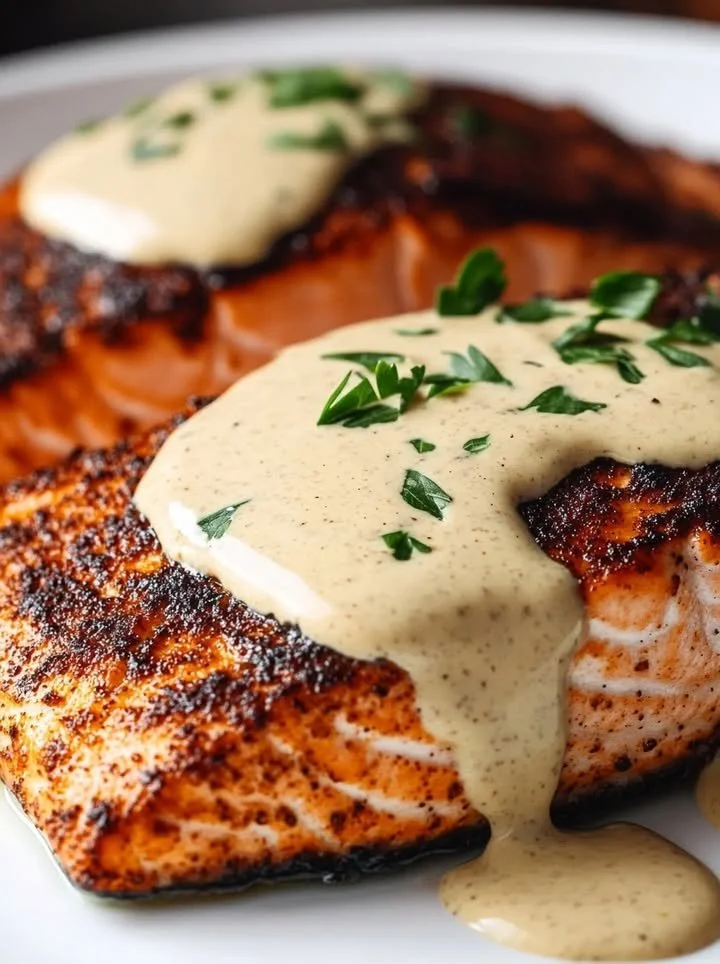 Plate of blackened salmon drizzled with creamy Dijon sauce