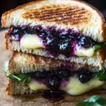 Blueberry Balsamic Grilled Cheese sandwich with melty cheese and blueberries