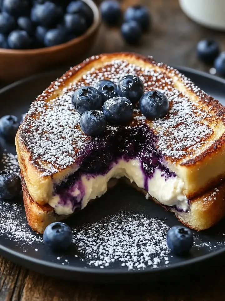 Delicious Blueberry Cheesecake Stuffed French Toast topped with fresh blueberries