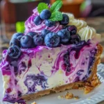 A slice of blueberry lemon swirl cheesecake topped with fresh blueberries and lemon zest.