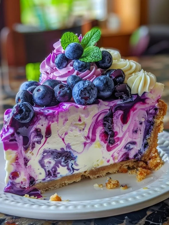 A slice of blueberry lemon swirl cheesecake topped with fresh blueberries and lemon zest.